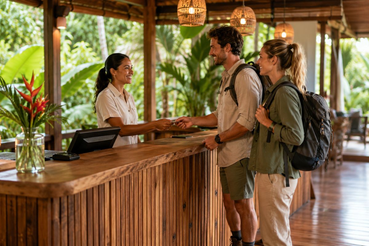 Recepcionista atendendo hóspedes em pousada de natureza