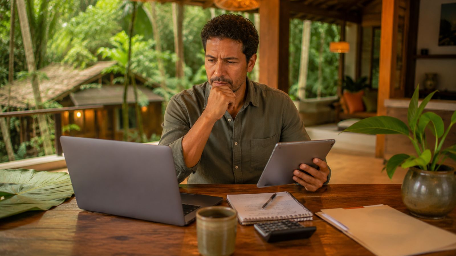 Gestor pensativo compara sistemas em um notebook e um tablet numa varanda cercada de mata.