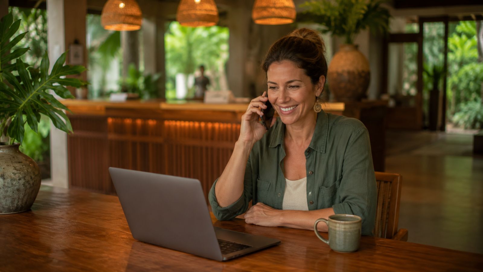 Recepcionista sorridente atende uma reserva por telefone com o notebook aberto no balcão.