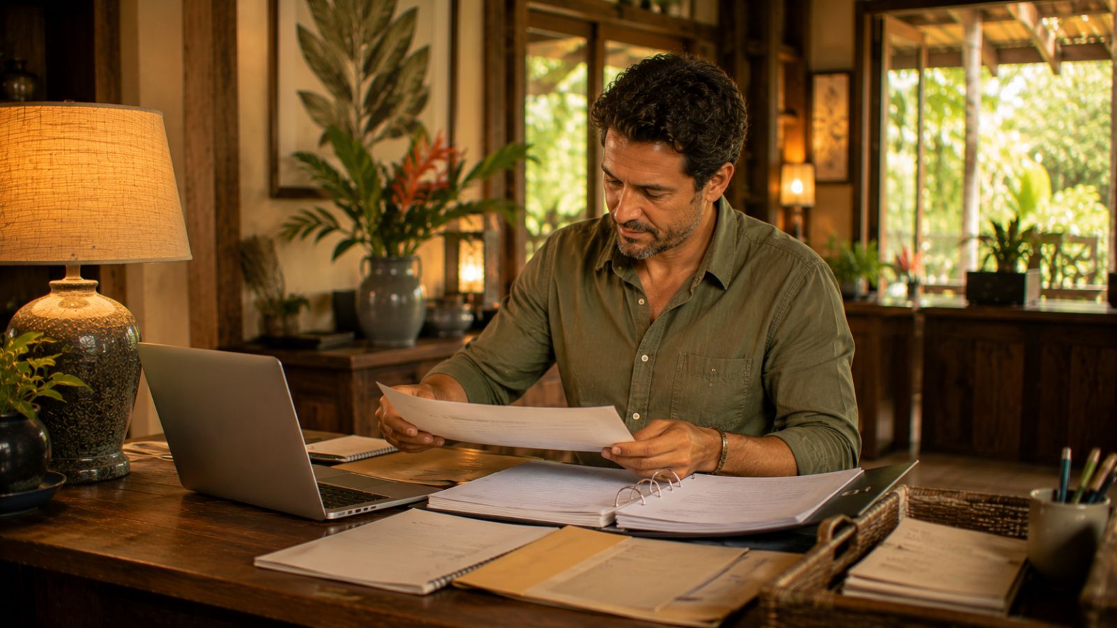 Gestor revisa uma folha de documento retirada de uma pasta, na mesa do escritório.
