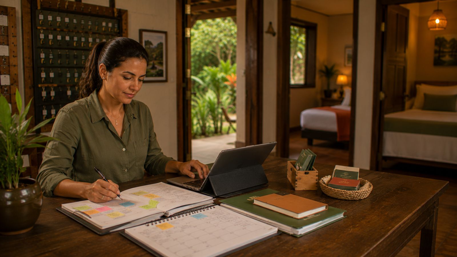 Recepcionista organiza reservas no tablet ao lado do quadro de chaves da pousada.