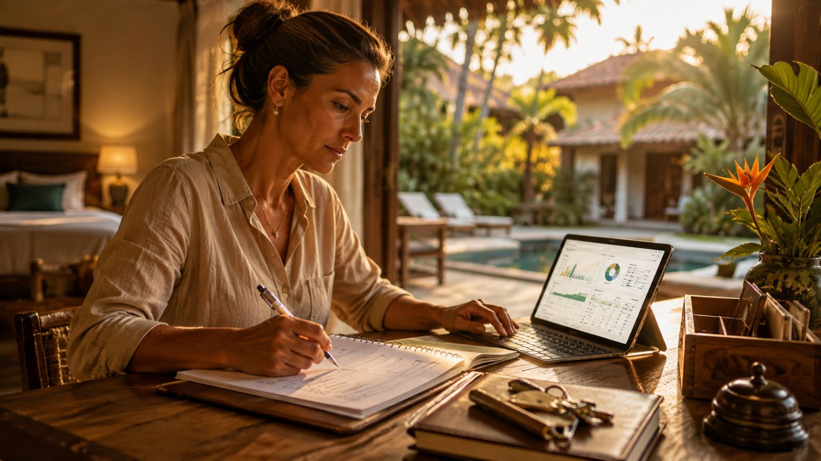 Gestor de pousada revisa reservas, ocupação e financeiro em um notebook na recepção.