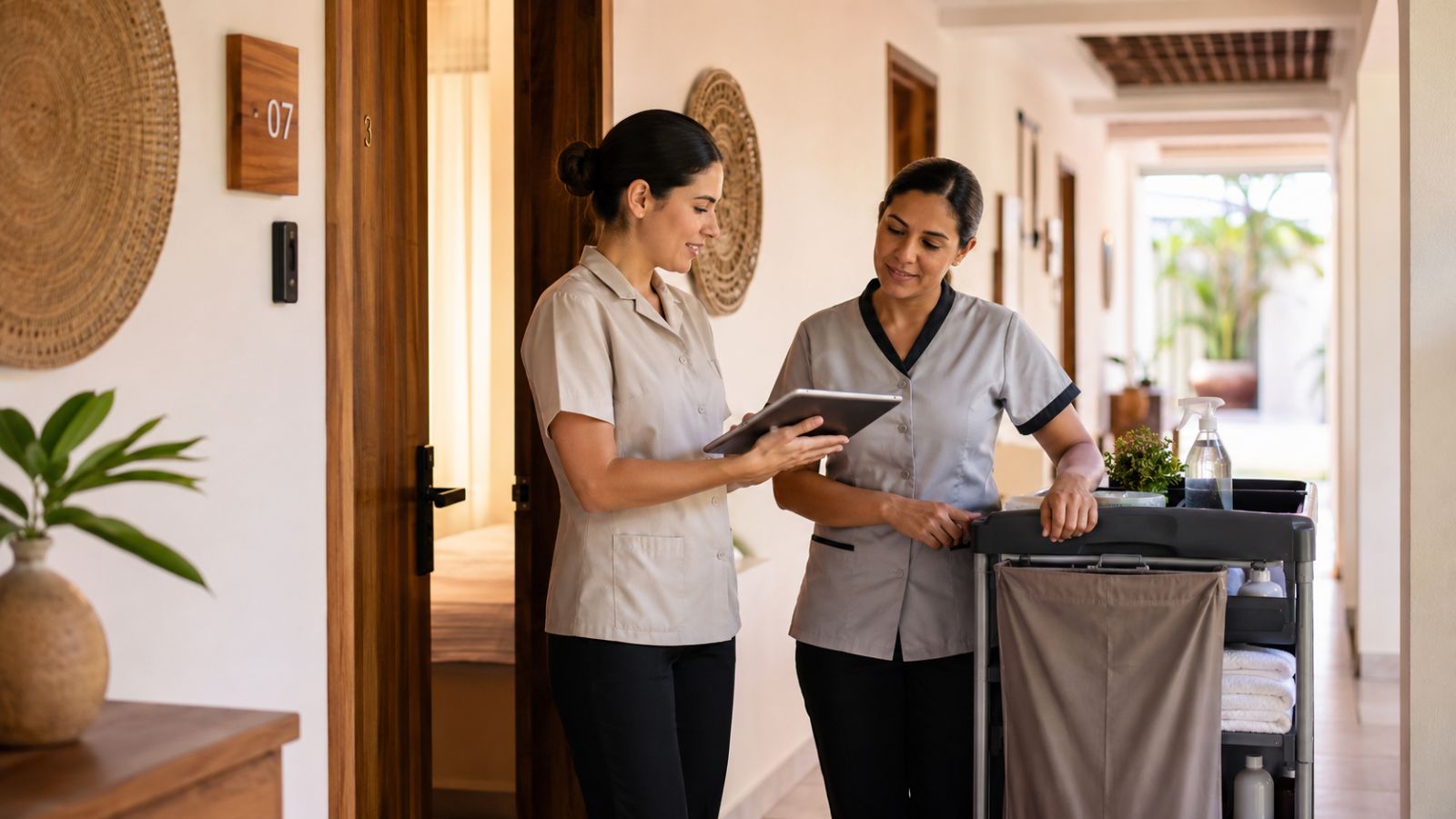 Recepcionista e camareira alinham status e prioridades dos quartos em uma pousada.