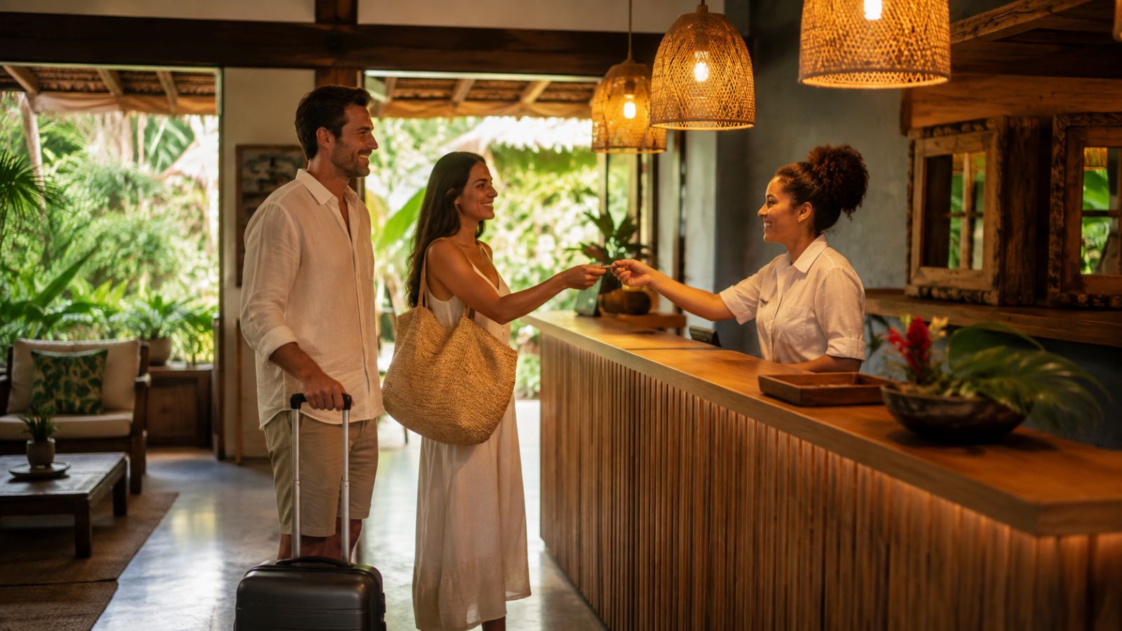 Recepcionista entrega a chave e orienta um casal de hóspedes recém-chegados no balcão da pousada.