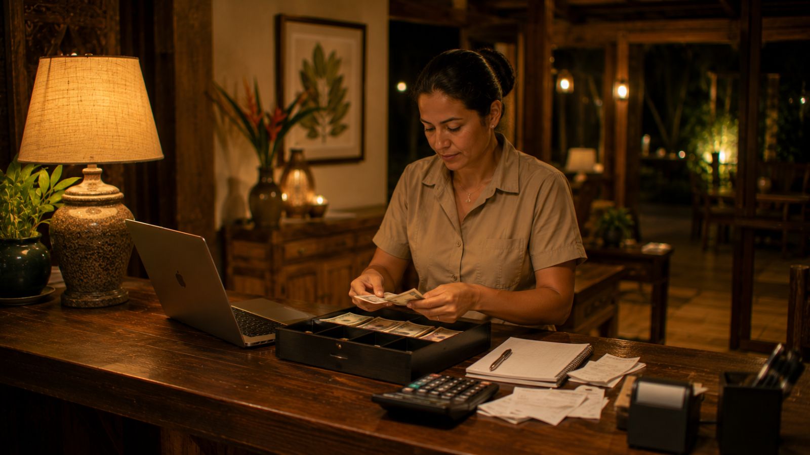 Recepcionista conta o dinheiro de uma gaveta de caixa ao lado do notebook e da calculadora.