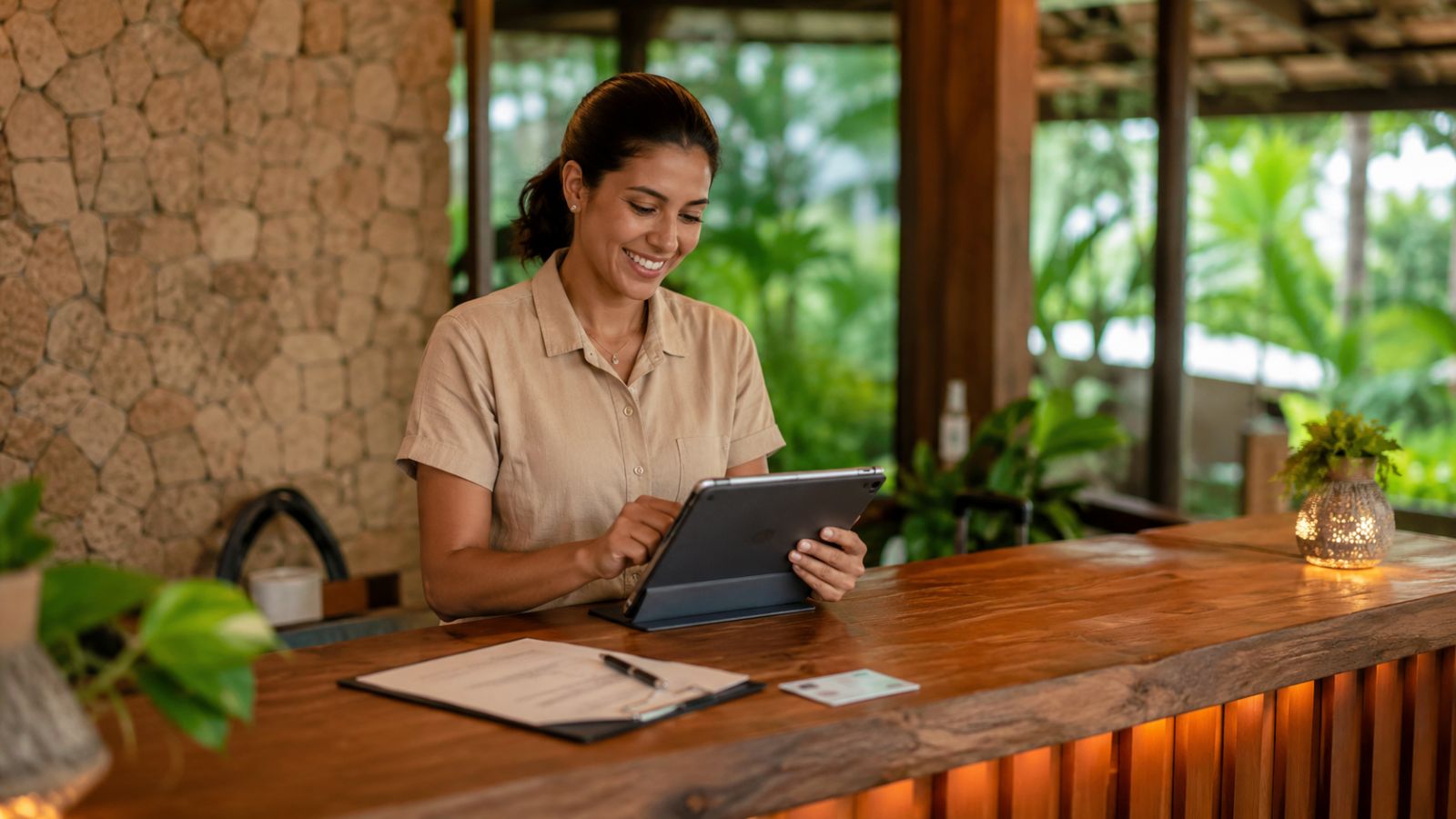 Recepcionista de pousada registrando dados de hóspede em um tablet, no balcão da recepção.