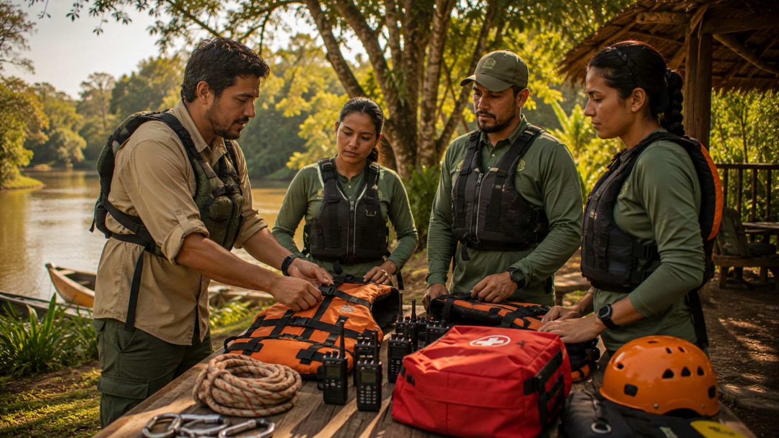 Equipe de guias revisa coletes salva-vidas, rádios e kit de primeiros socorros à beira do rio.