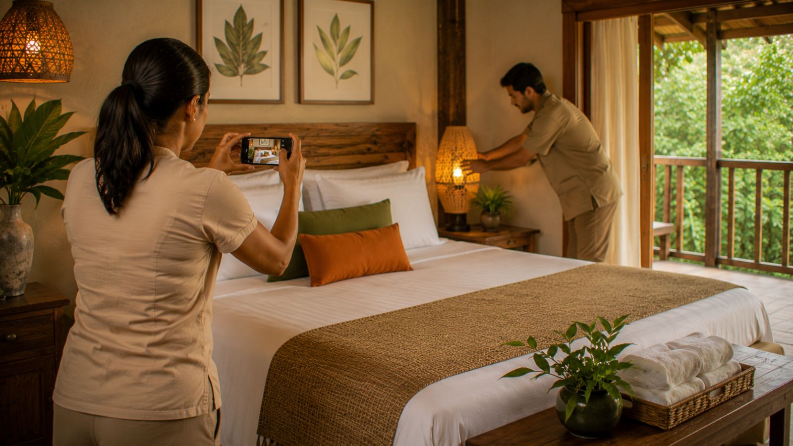 Dois camareiros fotografam o quarto recém-arrumado para atualizar as fotos do anúncio.
