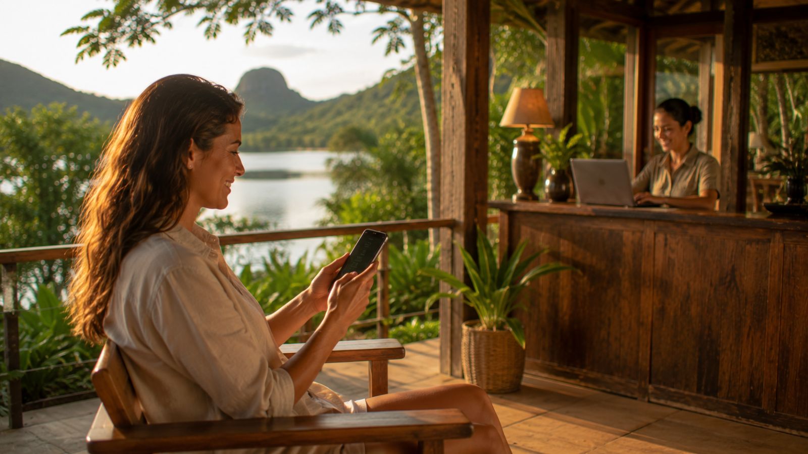 Hóspede finaliza uma reserva pelo celular numa varanda com vista para o lago, recepção trabalhando ao fundo.