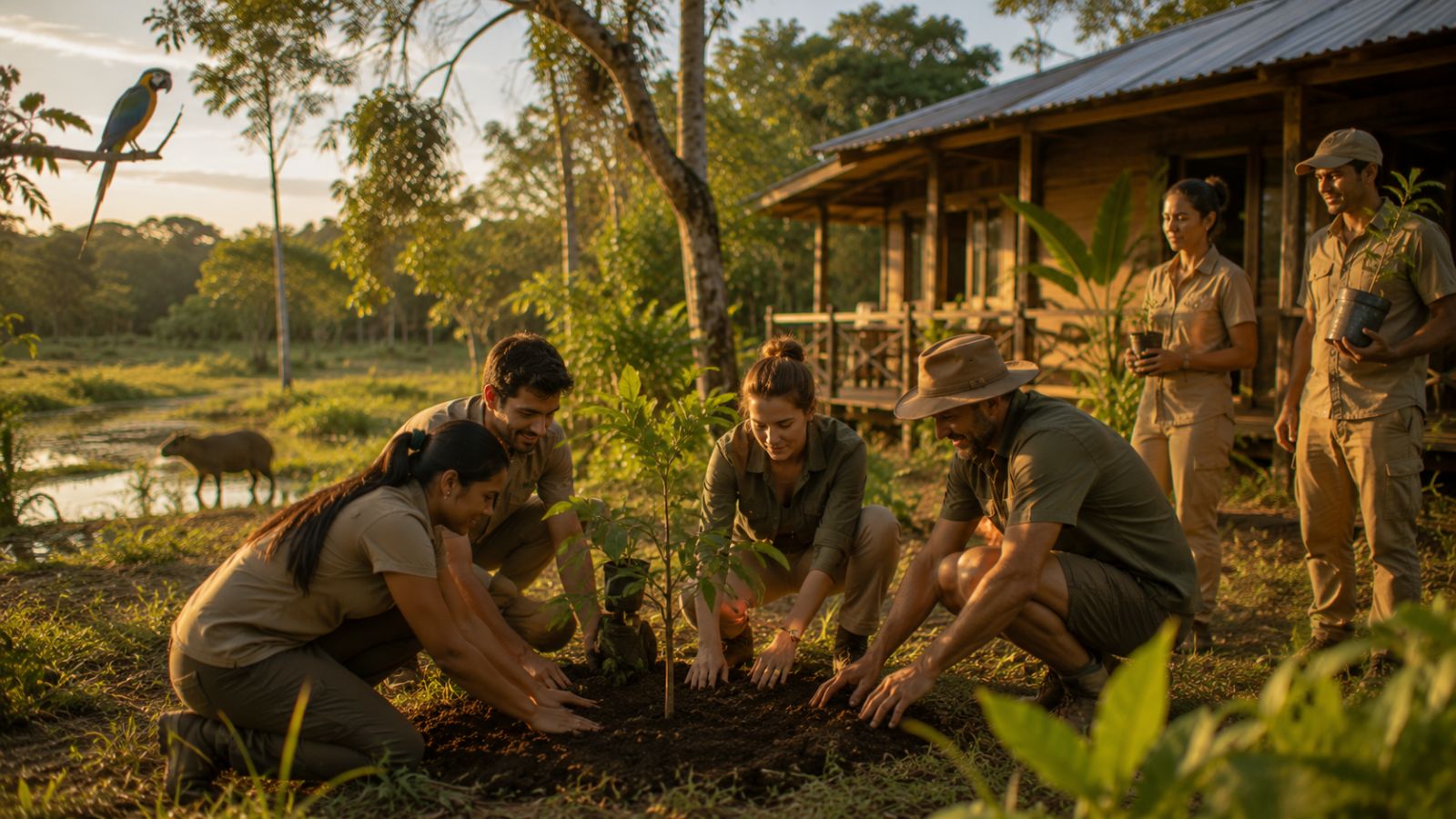 Equipe planta uma muda nativa perto da pousada, com uma arara e uma capivara ao fundo.