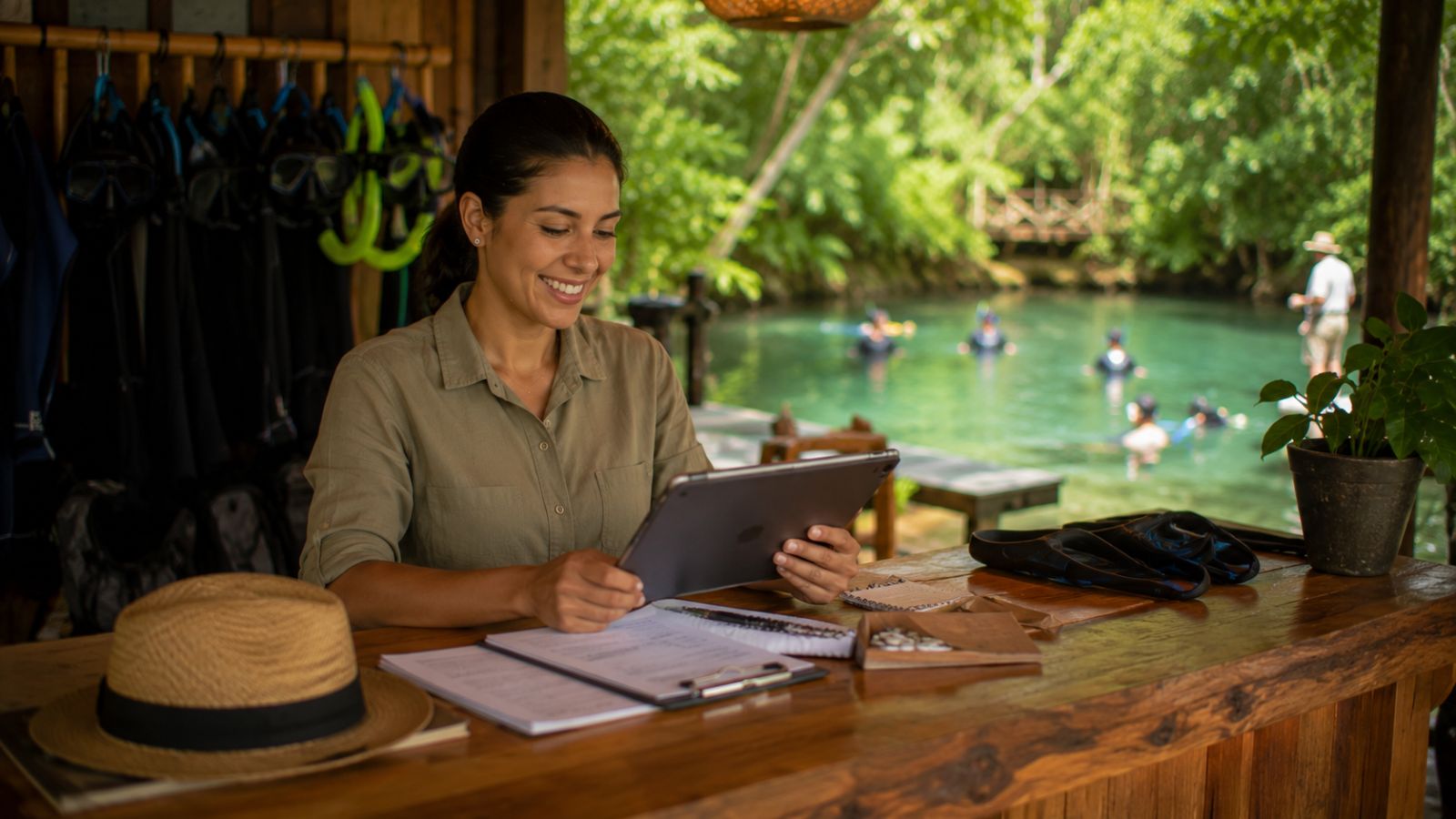 Atendente organiza vouchers em um tablet no balcão de equipamentos, com banhistas na lagoa ao fundo.
