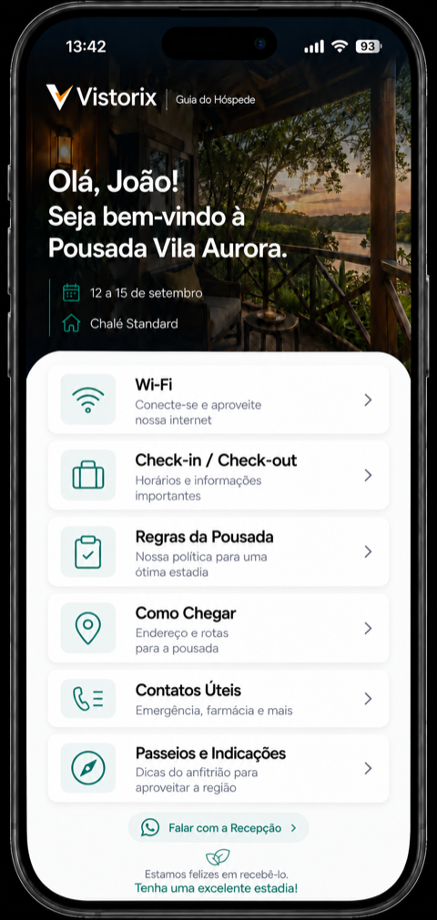 Tela de boas-vindas do Guia do Hóspede num celular, com o nome do hóspede, o período da estadia e a lista de seções