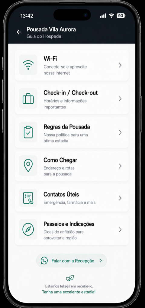 Lista das seções do Guia do Hóspede preenchidas pela pousada, como Wi-Fi, check-in, regras, como chegar, contatos e passeios