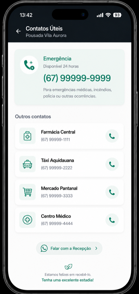 Seção de contatos úteis aberta, com o bloco de emergência em destaque e farmácia, táxi, mercado e centro médico abaixo