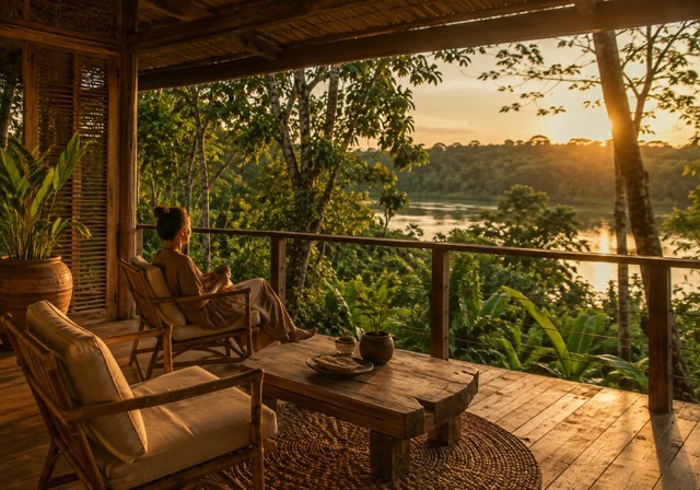 Varanda de pousada ao pôr do sol, vista para o rio