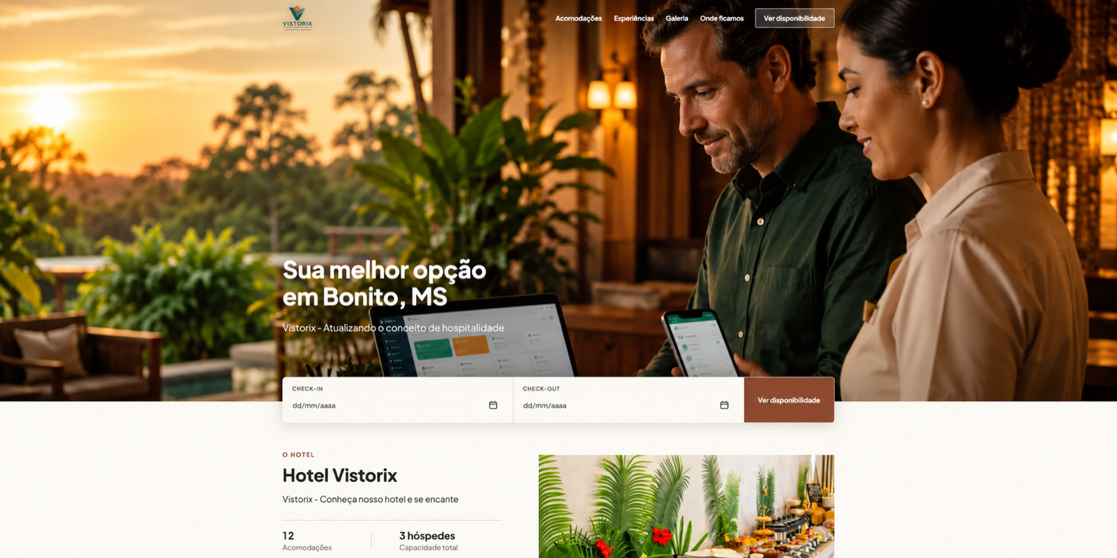 Site de pousada publicado pela Fábrica de Sites, com foto de abertura ao entardecer, menu de acomodações e busca de check-in e check-out